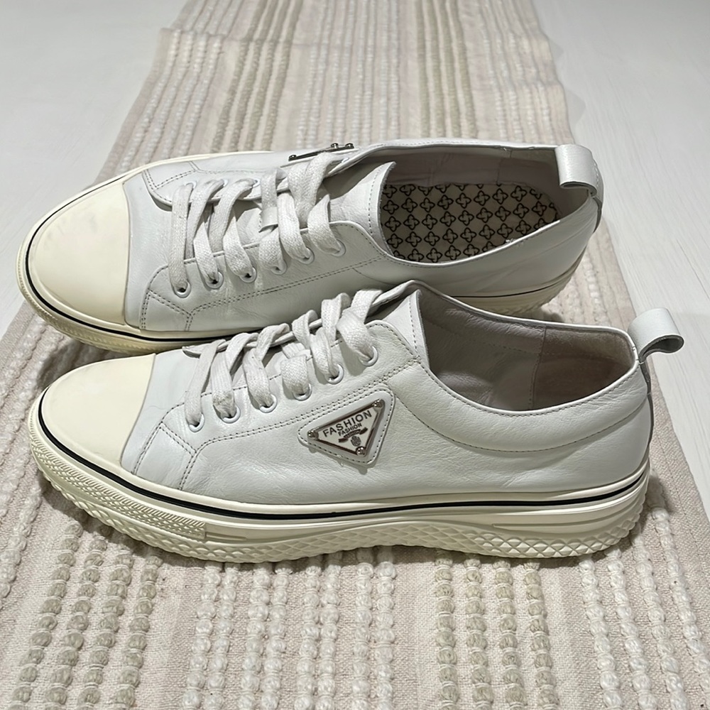 Men's White Leather Low-Top Sneakers with Triangle Logo